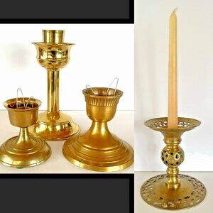 Rustic Vintage Brass Candlestick Holders Lot of 4 – Boho Chic Table Centerpiece